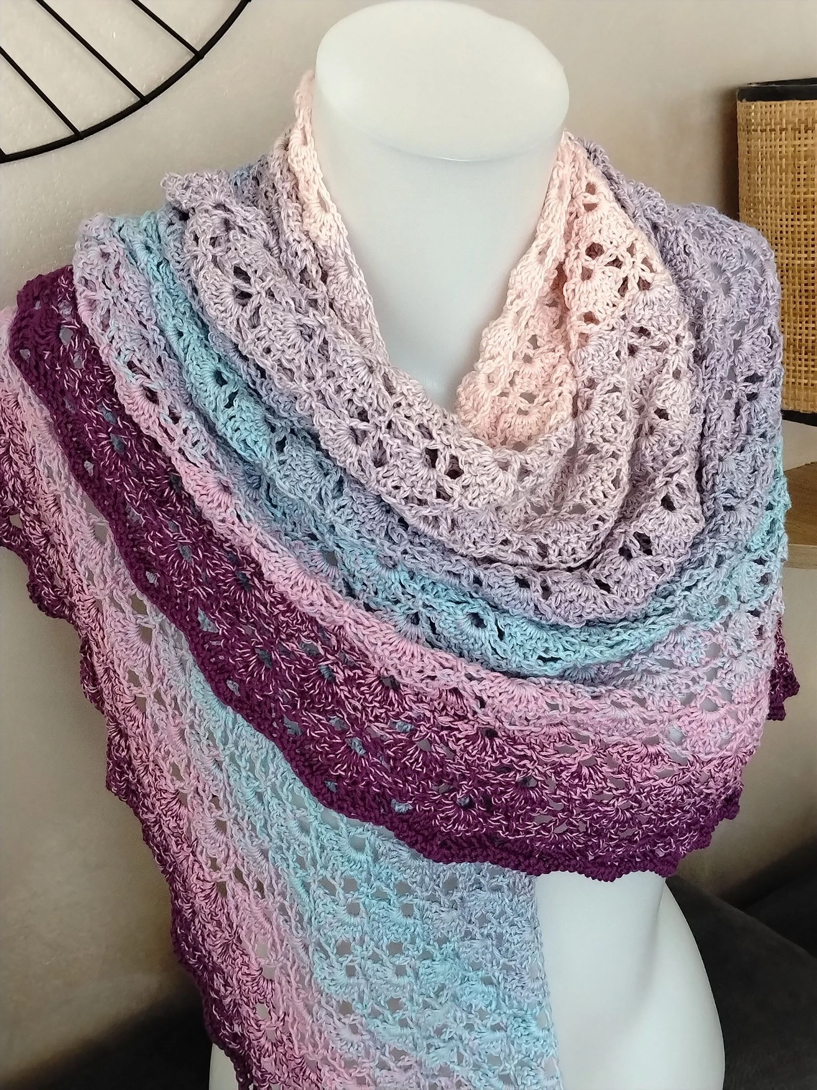 Large handmade summer shawl — Powder pink, sky blue & lilac gradient – photo 6